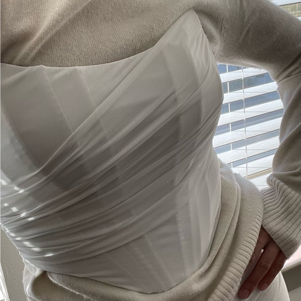 White Mesh Cropped Corset Dripping Ribbed Top Vest